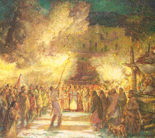 Berninghaus, Oscar Edmund Firelight Procession at the Pueblo on Christmas Eve oil painting image